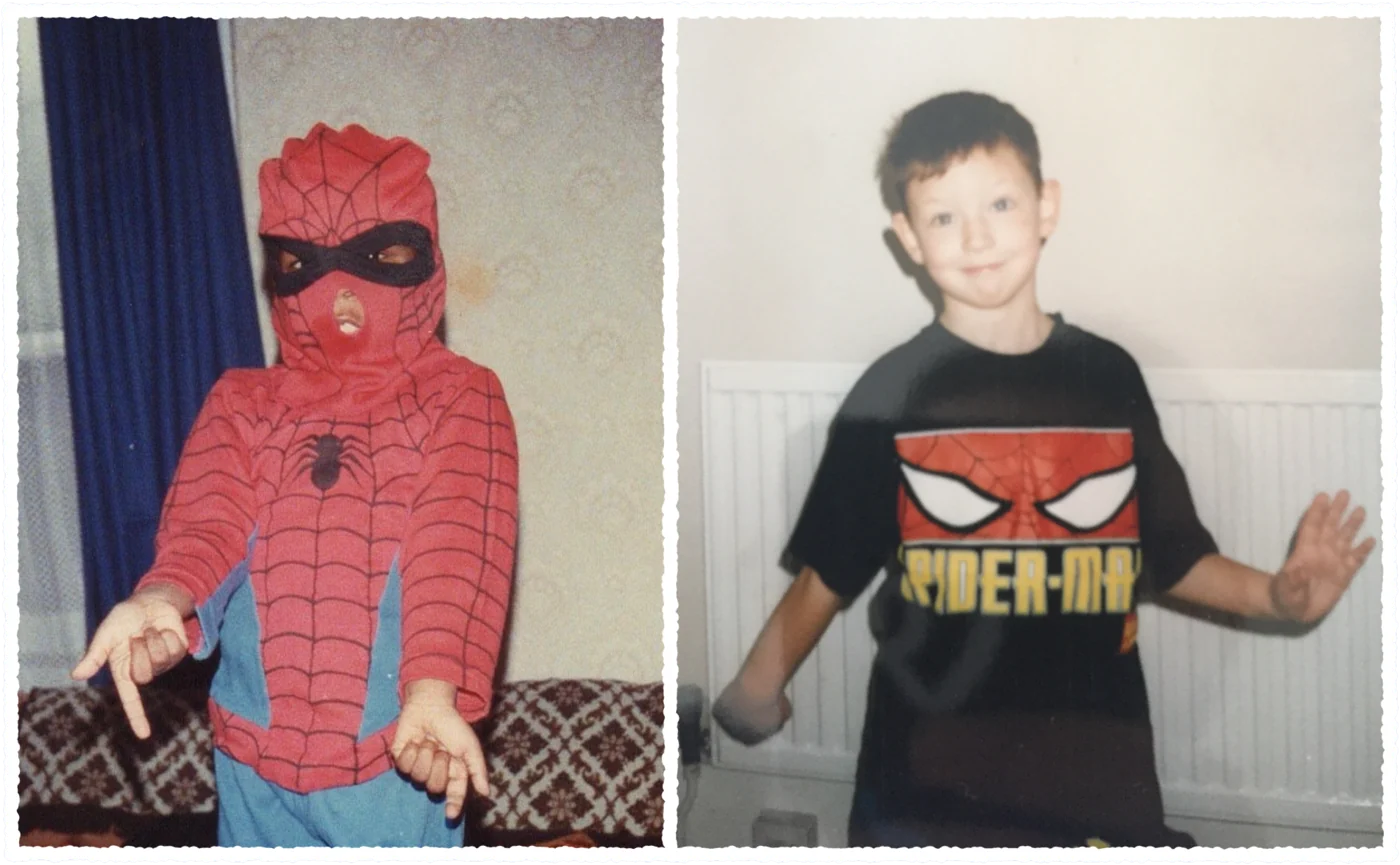 Young Jermaine Riley dressed as Spider-Man, and young Glen Murphy in a Spider-Man T-shirt