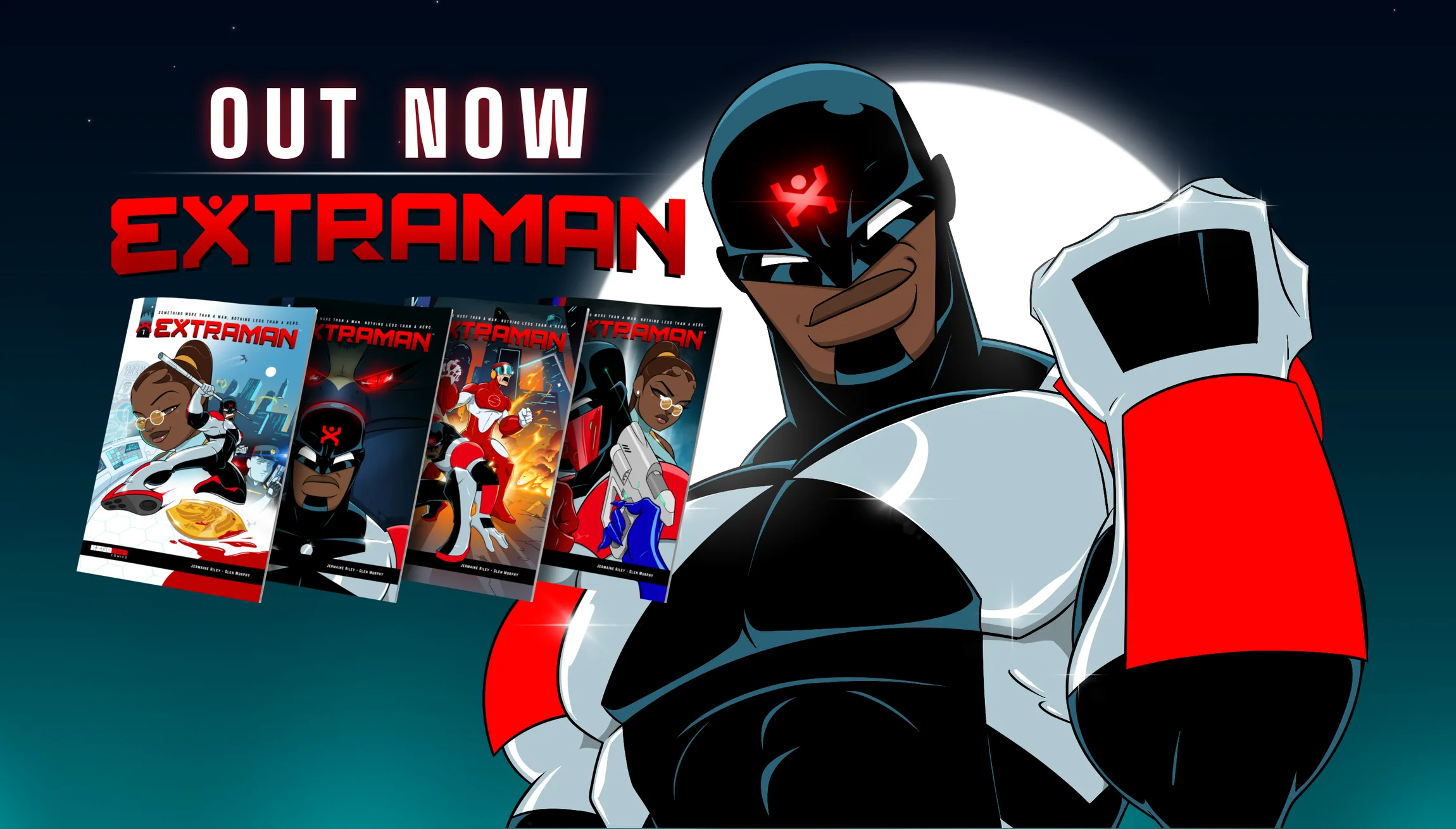 Out now: Extraman in his red, white and black armour beside issues #1 to #4